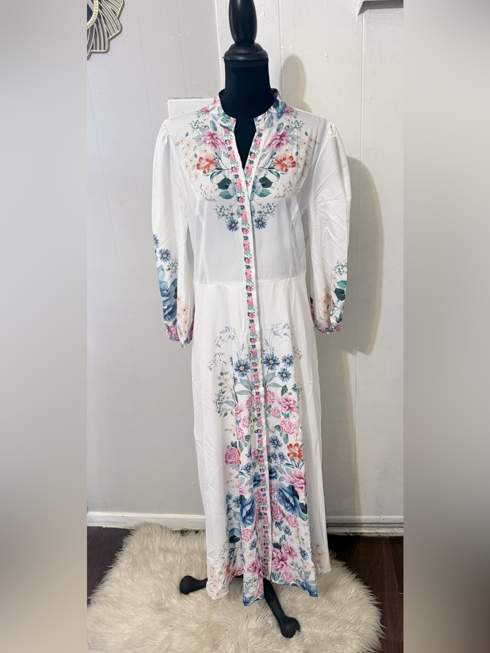 Floral-Embroidered White Maxi Dress with Pink & Blue Accents - Picture 2 of 14